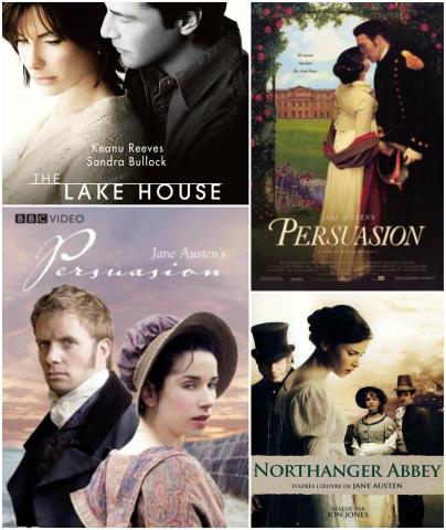 In the top left, the cover of the 2006 film adaptation of "Persuasion", titled "The Lake House." In the top right corner, another film adaptation of "Persuasion", in the year 1995, titled "Persuasion." Bottom left is a 2007 film adaptation of "Peruasion", by the same title. In the bottom right, the cover of the 2007 film adaptation of "Northanger Abbey," with the same title.