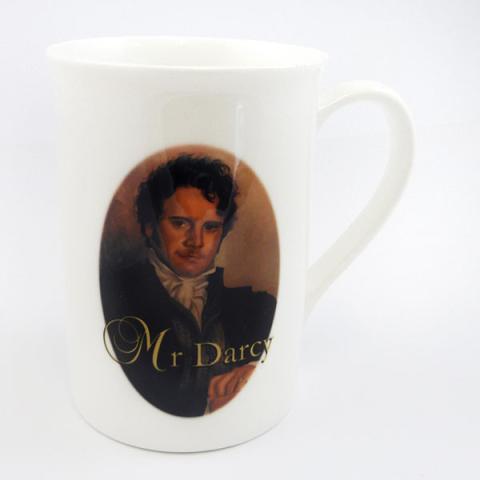 A mug featuring a painting of Colin Firth as Mr. Darcy. 