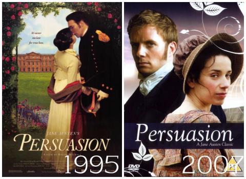 The covers of the 1995 and 2007 adaptations of Persuasion that feature the romance between Anne and Wentworth. 