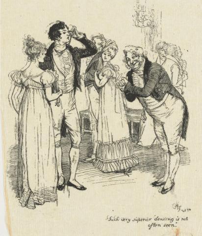 Illustration of William Lucas at Netherfield Ball, telling Darcy and Elizabeth "Such very superior dancing is not often seen."